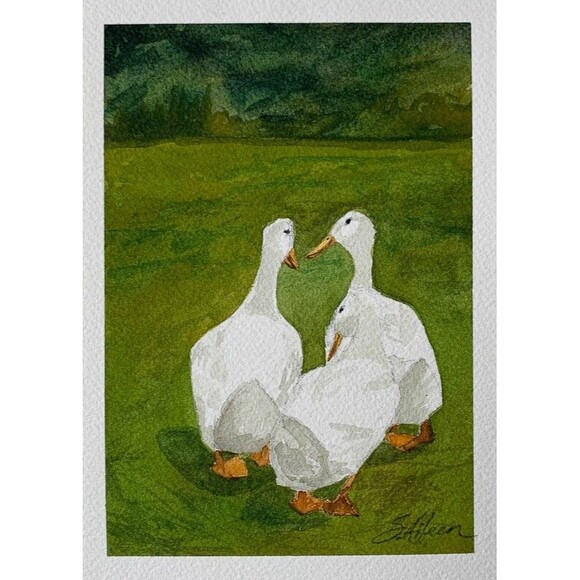 Watercolor Painting Barnyard Geese Ducks "Lola, Mildred, & Mable" Signed 5x7